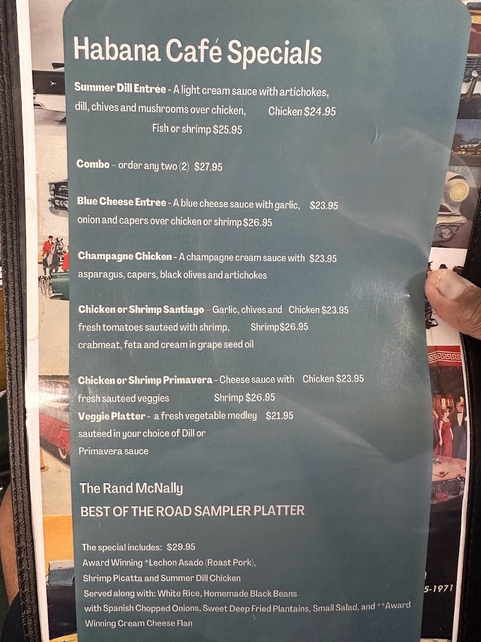 Printed menu showing Cuban dishes.