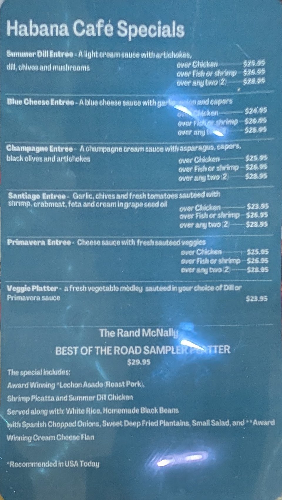 Menu layout for Cuban café fare.